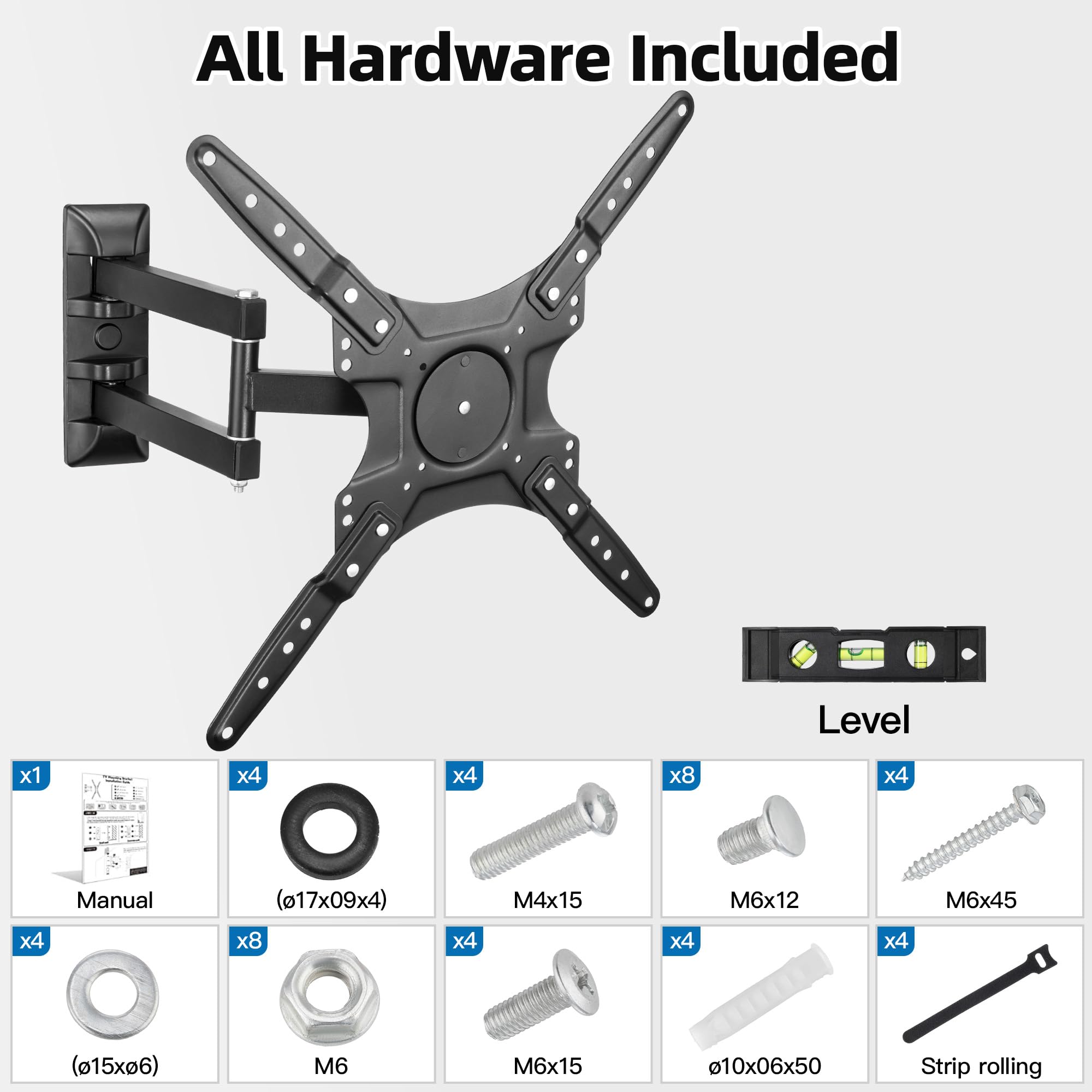 Supporto da parete per TV Full Motion, supporto da parete angolare per la maggior parte delle Smart TV da 26-55", supporto universale per TV a cerniera con bracci di prolunga, inclinabile, girevole