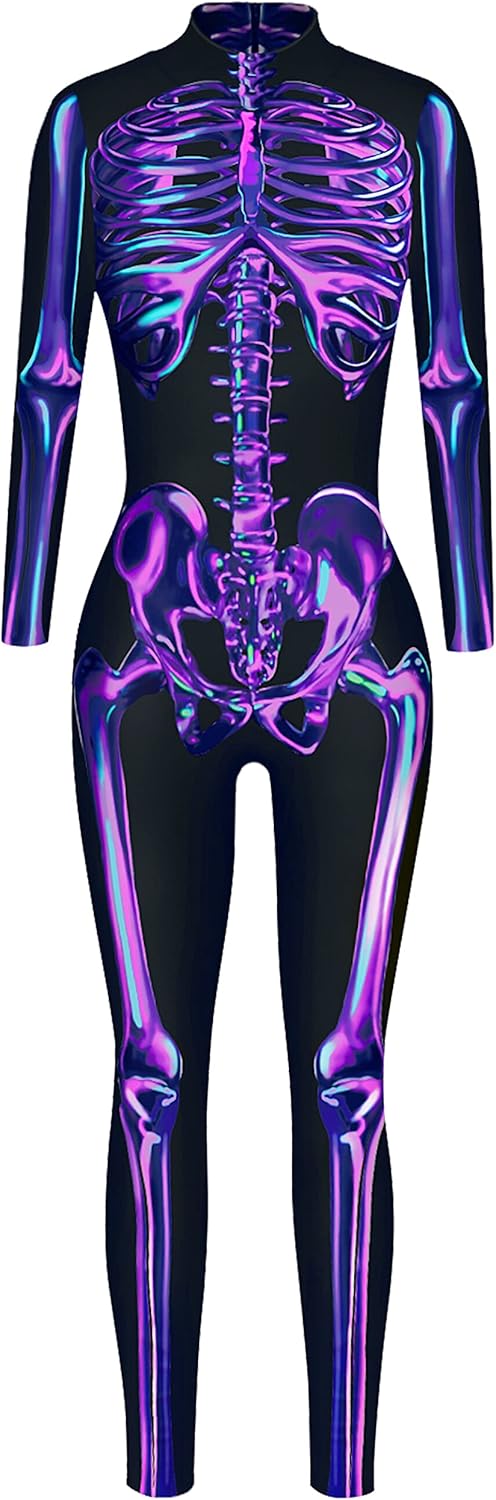 FEOYA Skeleton Jumpsuit for Women Halloween Costume Long Sleeve Skinny Catsuit 3D Print Skull Bodysuit Bone Cosplay Outfit