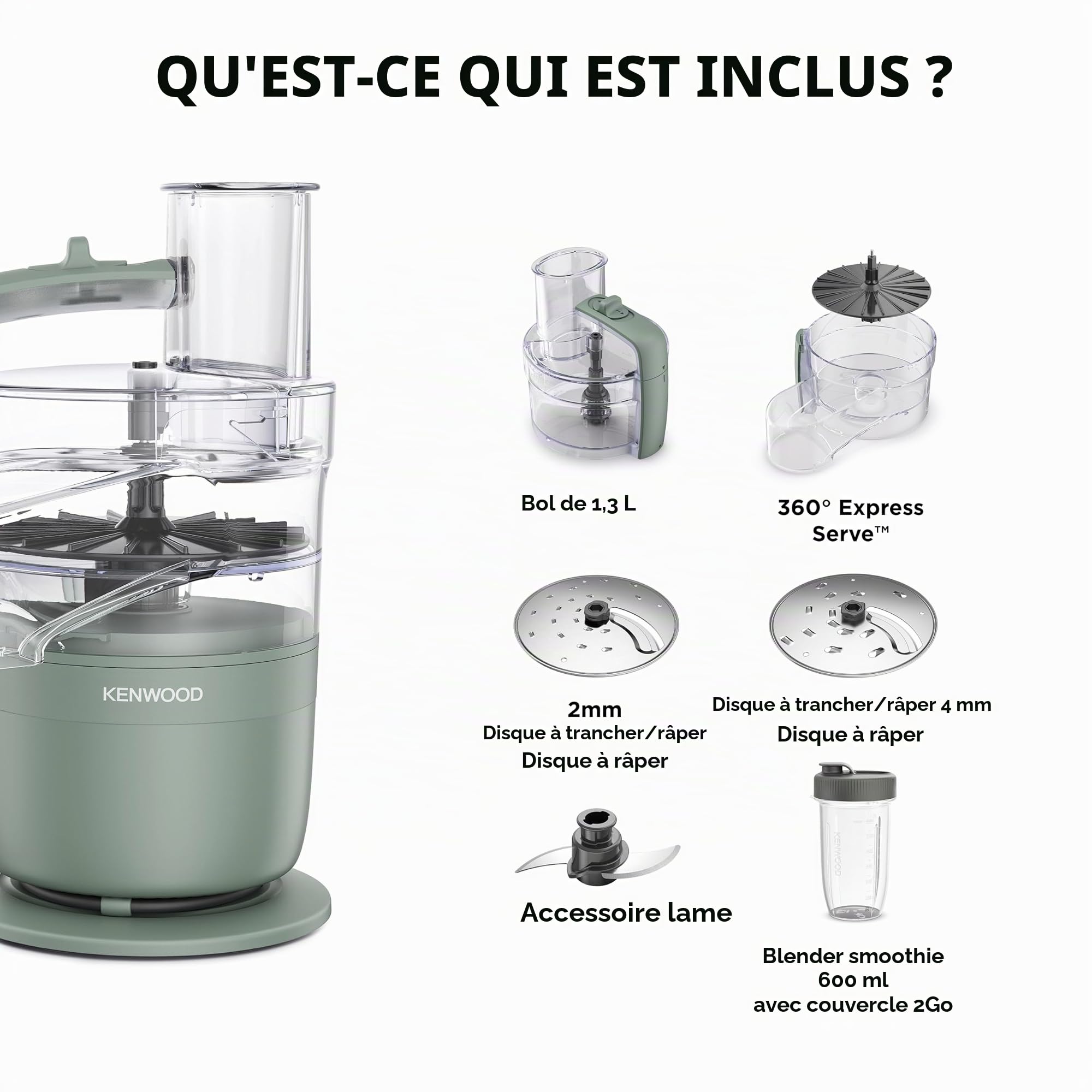 Kenwood MultiPro Compact Processeur alimentaire avec Express Serve, lame en acier inoxydable, disques pour couper et râper, récipient de 600 ml, fonction Pulse, vert eucalyptus (FDP23.380GR)