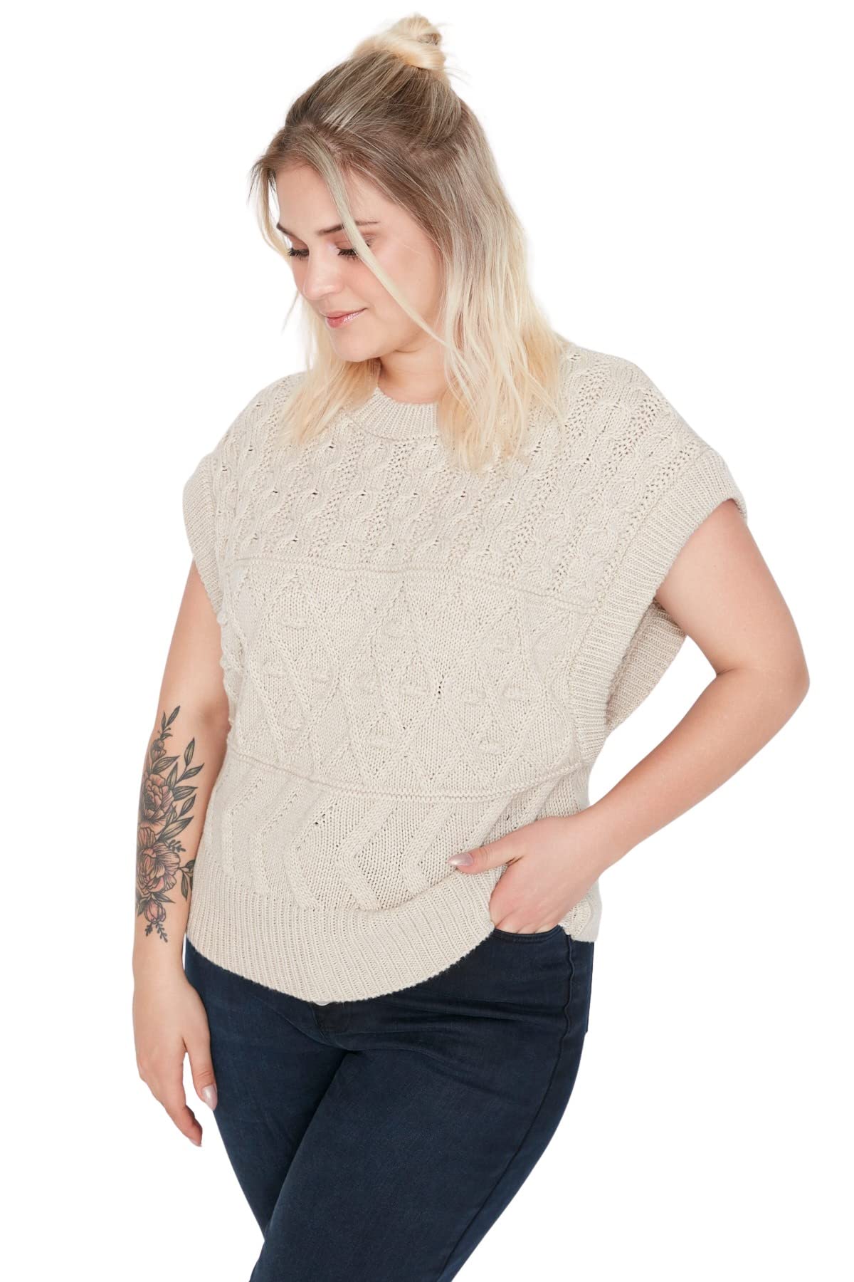 Trendyol Women Plus Size Relaxed Poncho Crew Neck Knitwear Plus Size Sweater Stone