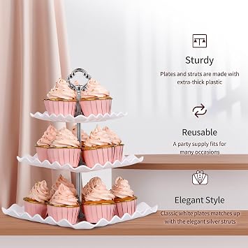 NWK Pack of 2 Large Stable 3-Tier Cupcake Stand Square Shape (Silver)