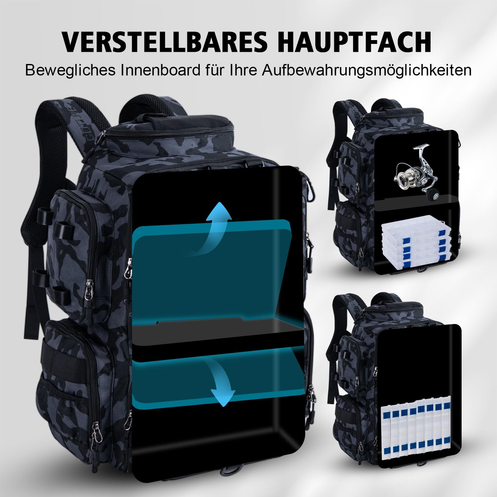 Goture Mochila de pesca con 4 cajas de cebo de pesca, mochila de 45 litros con dos soportes para cañas y protector de lluvia, tela Oxford 900D, bolsa impermeable para aparejos de pesca con