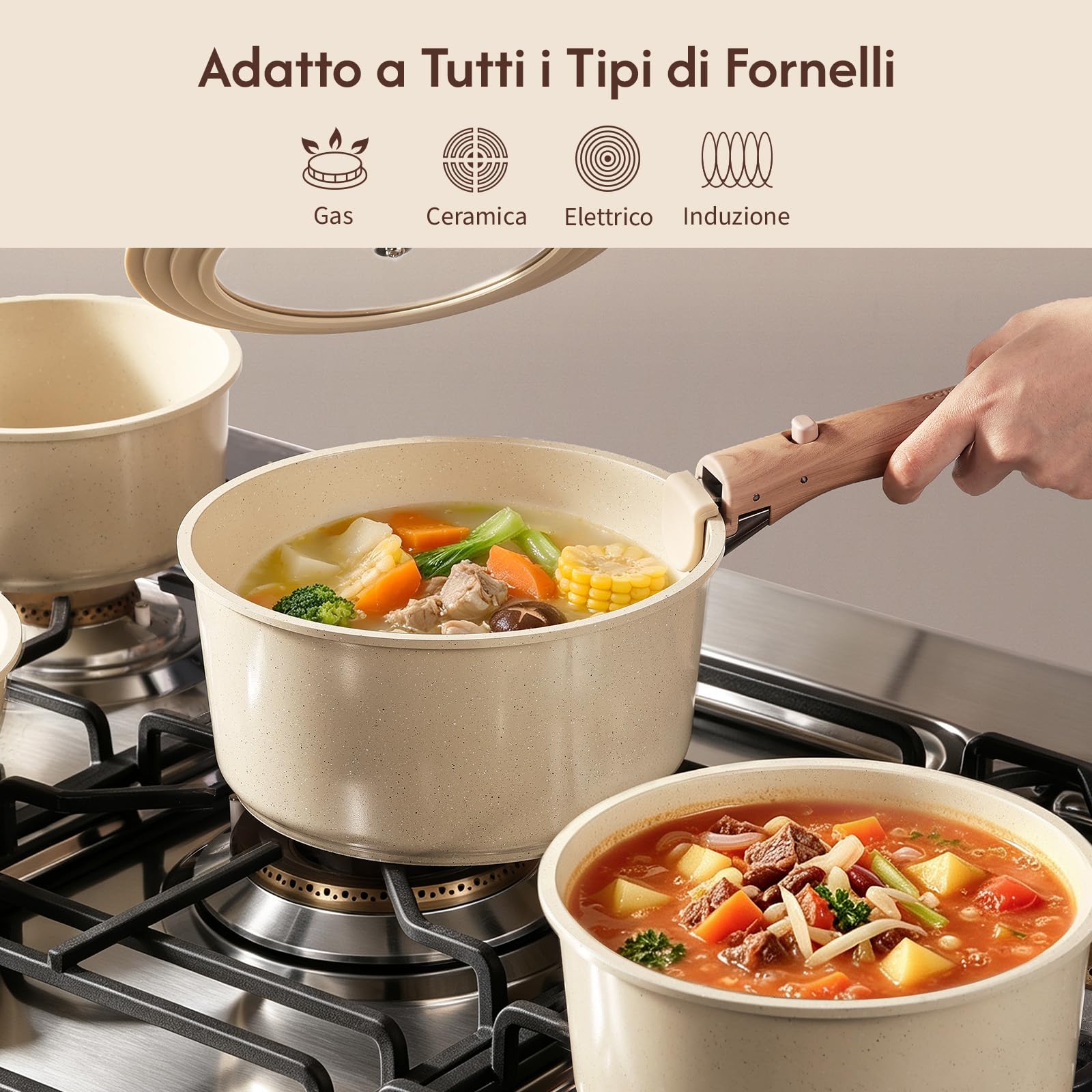 CAROTE Pentolini Antiaderenti in Ceramica 16/18/20 cm con Manico Rimovibile