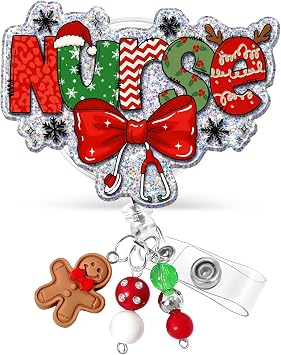 Plifal Christmas Badge Reel Retractable - Cute Christmas Nurse Red Bow Gingerbread Badge Reel Holder with Alligator Clip, Gifts for Nurse Office Worker Medical Assistant Student ID Accessories