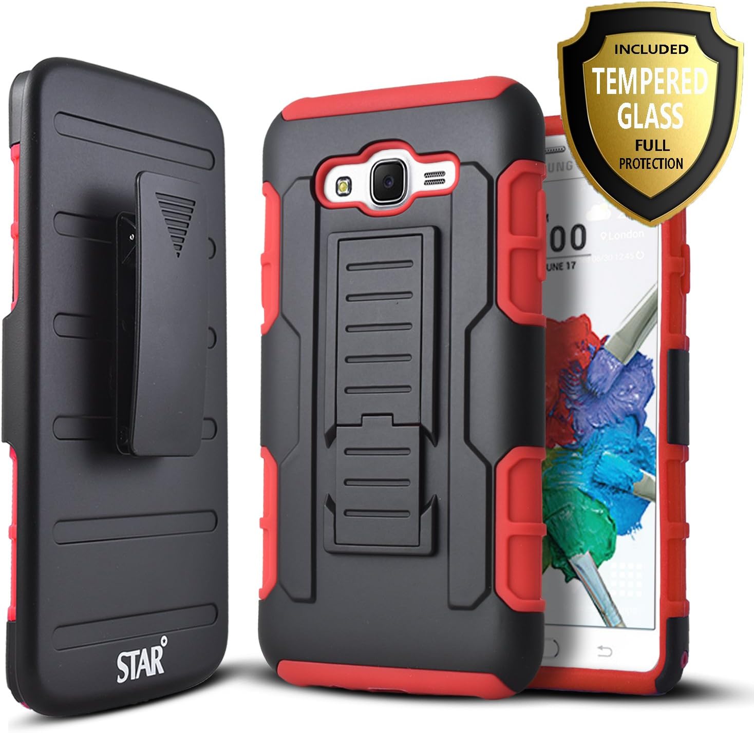 Galaxy J7 Neo J701M Case, Galaxy J7 Nxt J701F Case, J7 Core J701 Case, with [Tempered Glass Screen Protector Included] Starshop [Armor Holster] Dual Layers Kickstand Belt Clip Phone Cover-Red