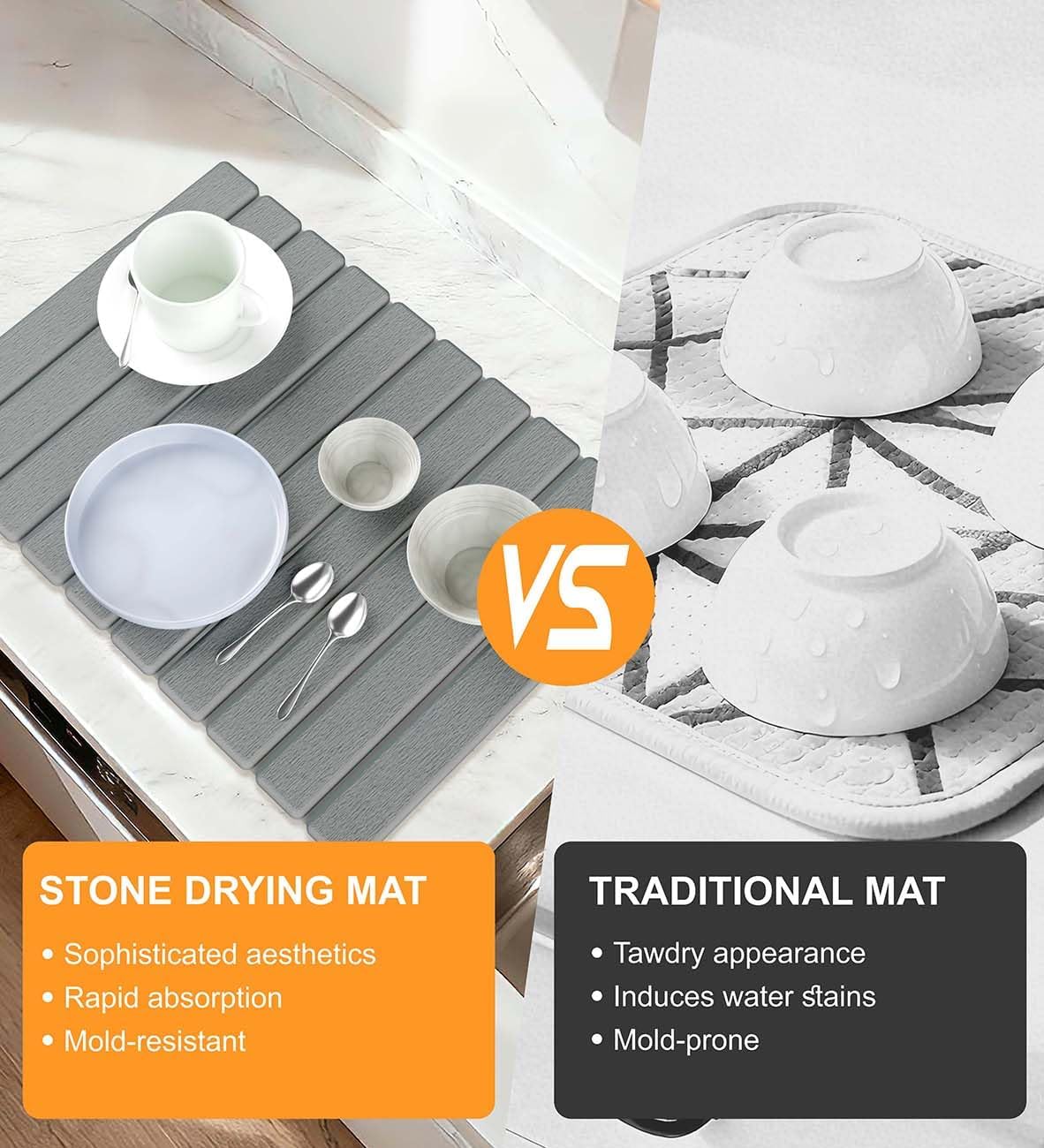 Stone Dish Drying Mat for Kitchen Counter, 24"(L)×16"(W) Collapsible Fast Drying Diatomaceous Earth Mats with Towel Sanding Tool,Versatile Stone Drying Mats for Cups Dishes Bottles Bathroom -Gray