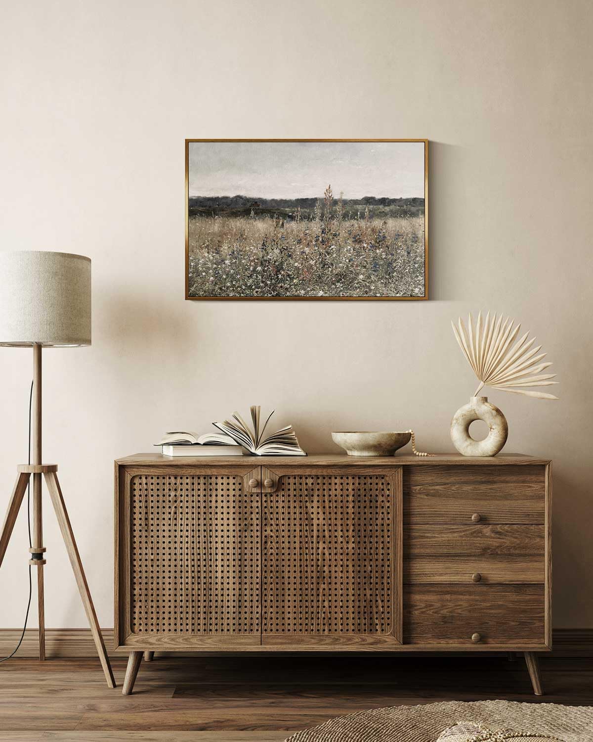 insimsea golden framed vintage canvas wall art wildflower field 16x24in, rustic meadow with flowers vintage floral landscape art print, modern country farmhouse bedroom bathroom botanical wall decor wildflower field 24"l x 16"w