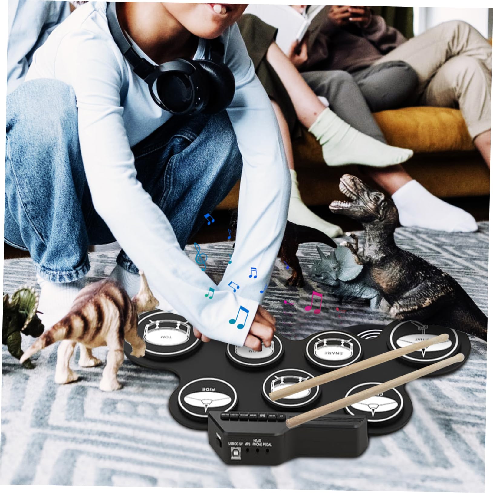 Batteria Elettronica Portatile USB Nero, Set Digitale per Principianti | Silicone Abs, Jack Cuffie e Metronomo Integrato, Suono Realistico per Back To School Party