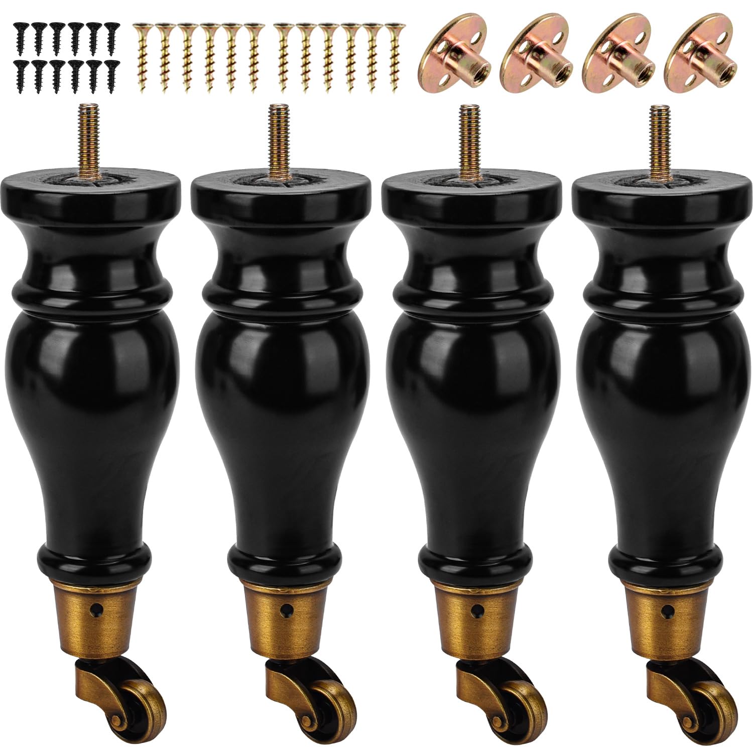 TCHOSUZ 9 inch / 22cm Wooden Furniture Legs with Casters Wheels, Pack of 4 Classic Black Solid Wood Round DIY Replacement Bun Feet for DIY Project Sofa Couch Cabinet Ottoman Bed Riser