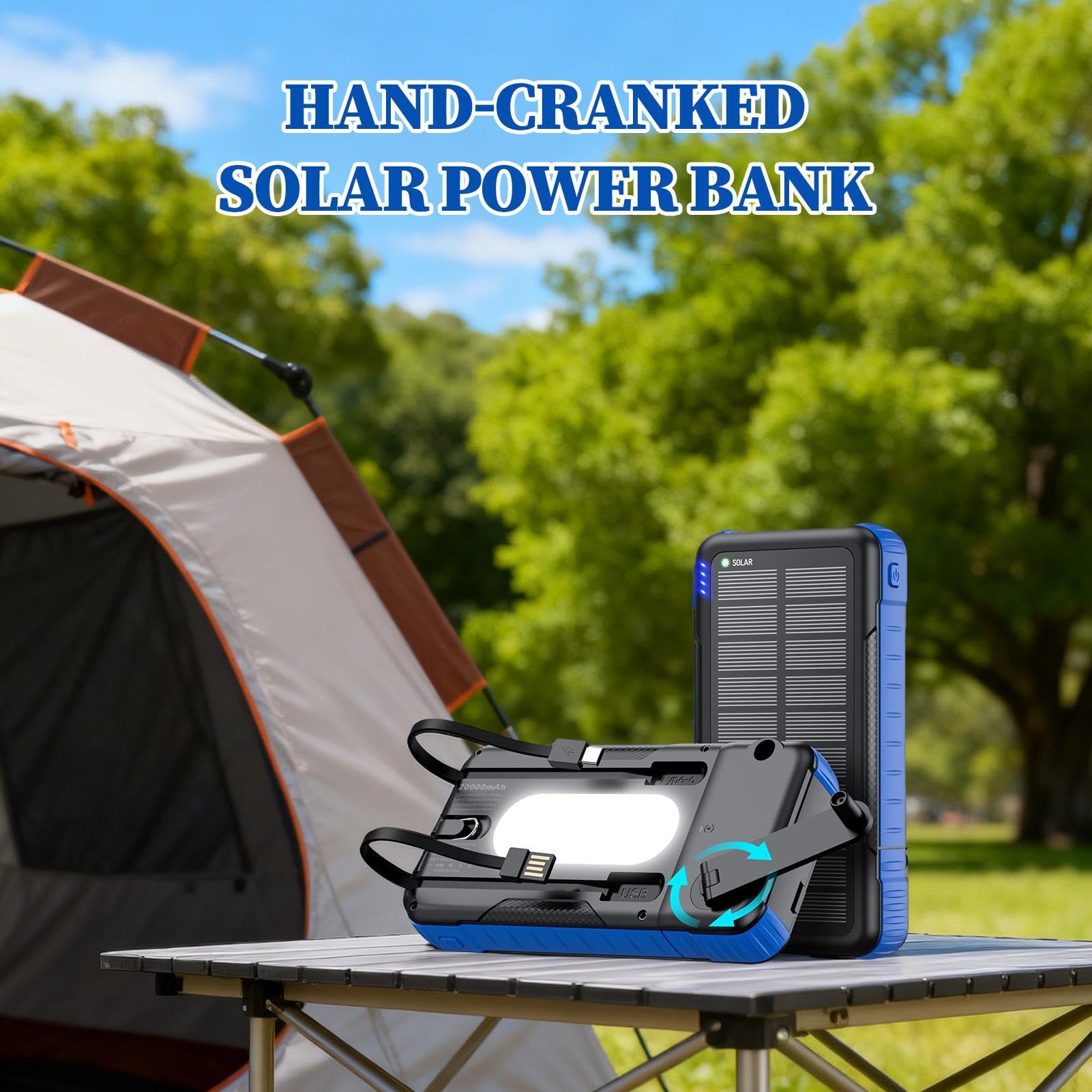 Caricatore Solare Power Bank Power Bank Impermeabile 20000mAh | Power Bank con Manovella e Energia Solare per Fotocamera Tablet Escursionismo Viaggio Road Trip Pesca Zaino in Spalla