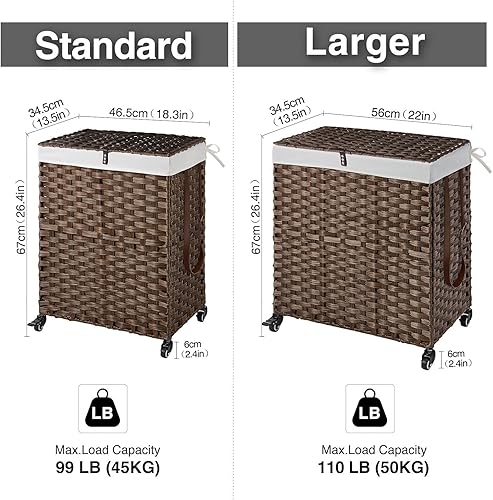 Miniatura 7 de GREENSTELL Cesto para ropa sucia con ruedas, no necesita instalación, cestas tejidas a mano divididas de 90 litros y 2 bolsas de forro extraíbles,