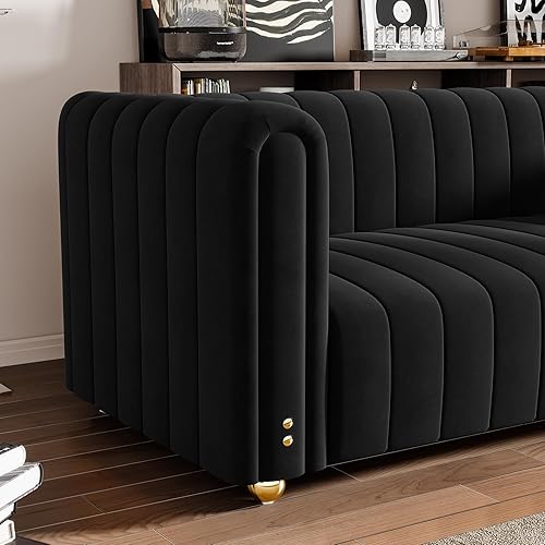 Miniatura 3 de Sofá de terciopelo negro de 81.3 pulgadas con patas de bola de metal dorado, moderno sofá de 3 plazas de gran tamaño de mediados de siglo, cómodos