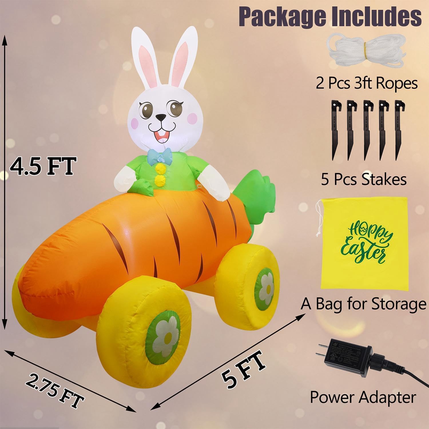 Juegoal Easter Bunny Radish Car Inflatables Yard Decorations, 5 x 4.5 FT Lighted Blow Cute Rabbit on Carrot Car with LED Lights, Indoor Outdoor Easter Holiday Party Decor, Light Up for Lawn Garden