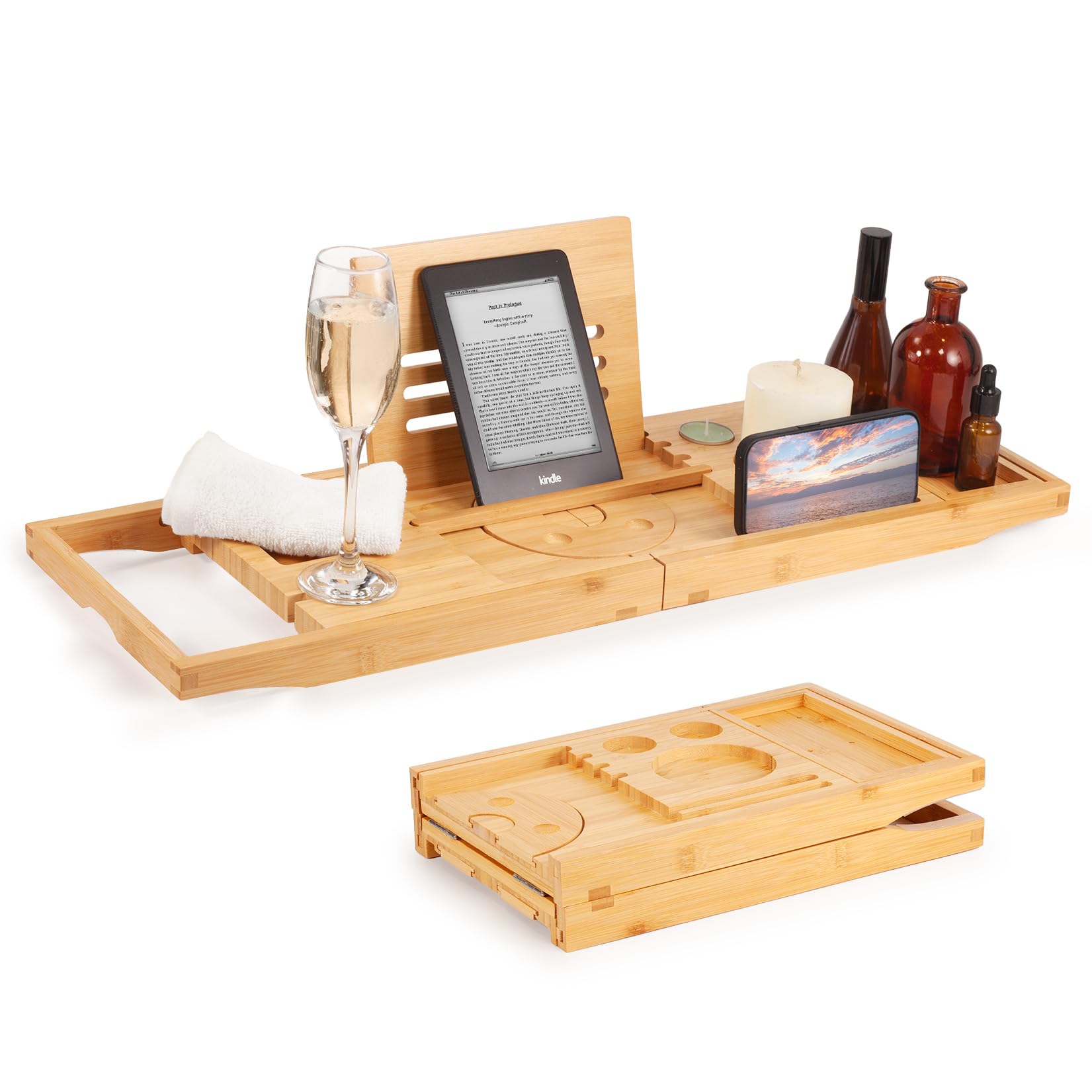 Woodluv Extendable Bamboo Bath Tray, Bathtub Tray Bathroom Caddy with Wine Glass, Candle, Phone, Tablet, Book Holder - Foldable Bath Board for Spa Experience - Adjustable Bath Rack