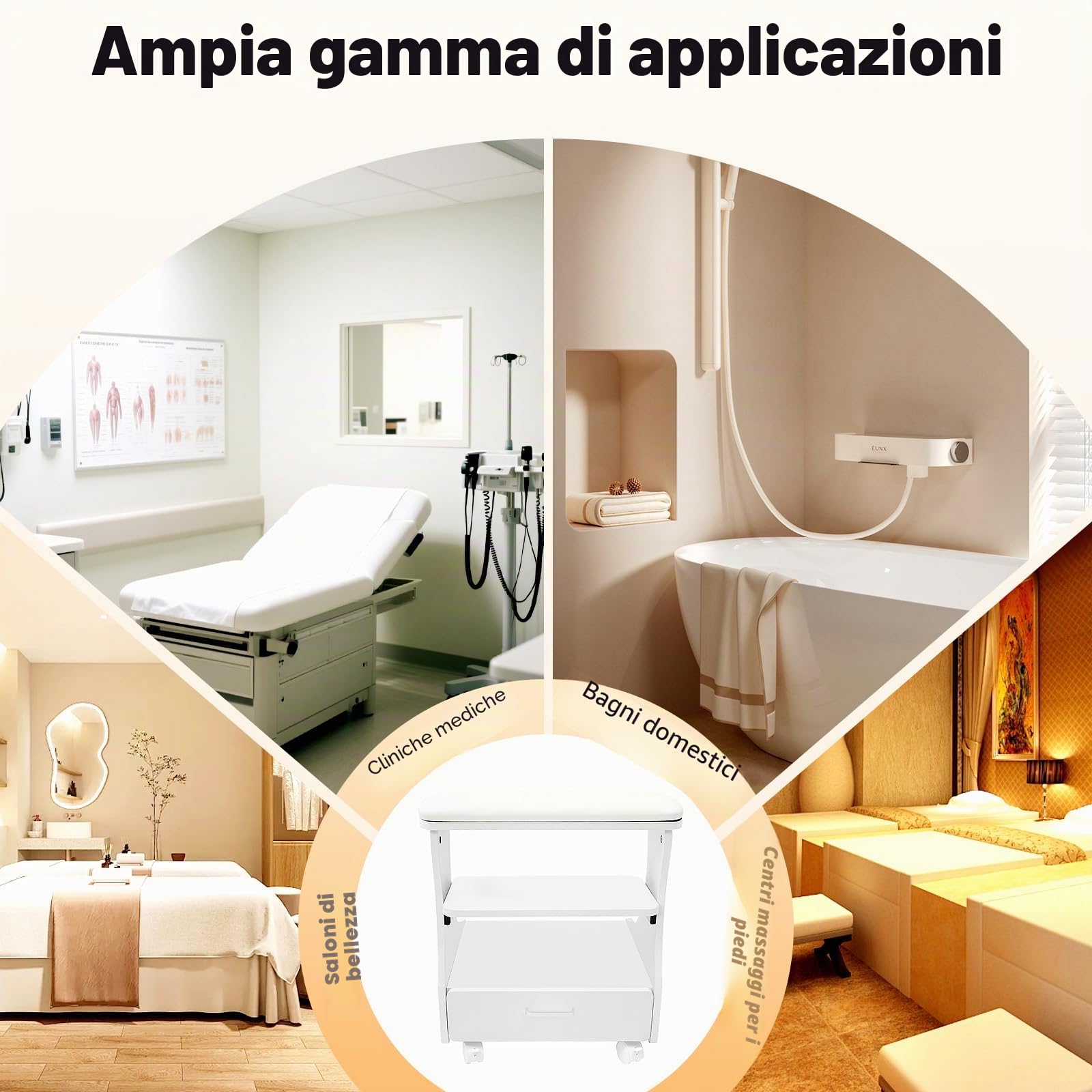 Sgabello da bagno con piedini, poggiapiedi per pedicure, carrello per manicure, sgabello da bagno piedi con ruote freno, cassetto, vassoio per appoggio, carico 20 kg, MDF, casa Spa soggiorno Institute
