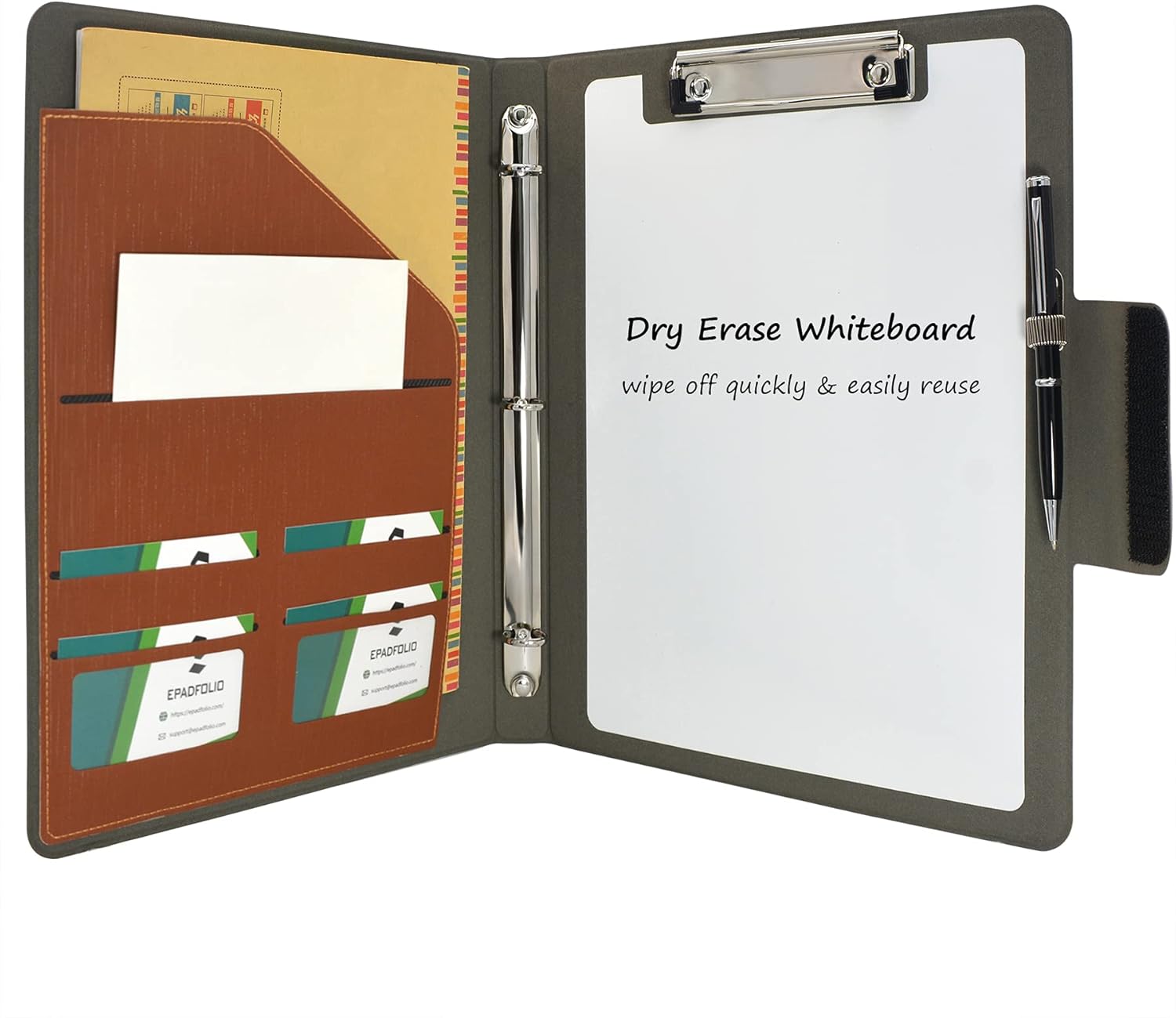 ePadfolio 3-Ring Binder Padfolio with Whiteboard Clipboard and Expanded Document Bag, Padfolio Ring Binder Business Organizer Portfolio Case (Brown) : Office Products