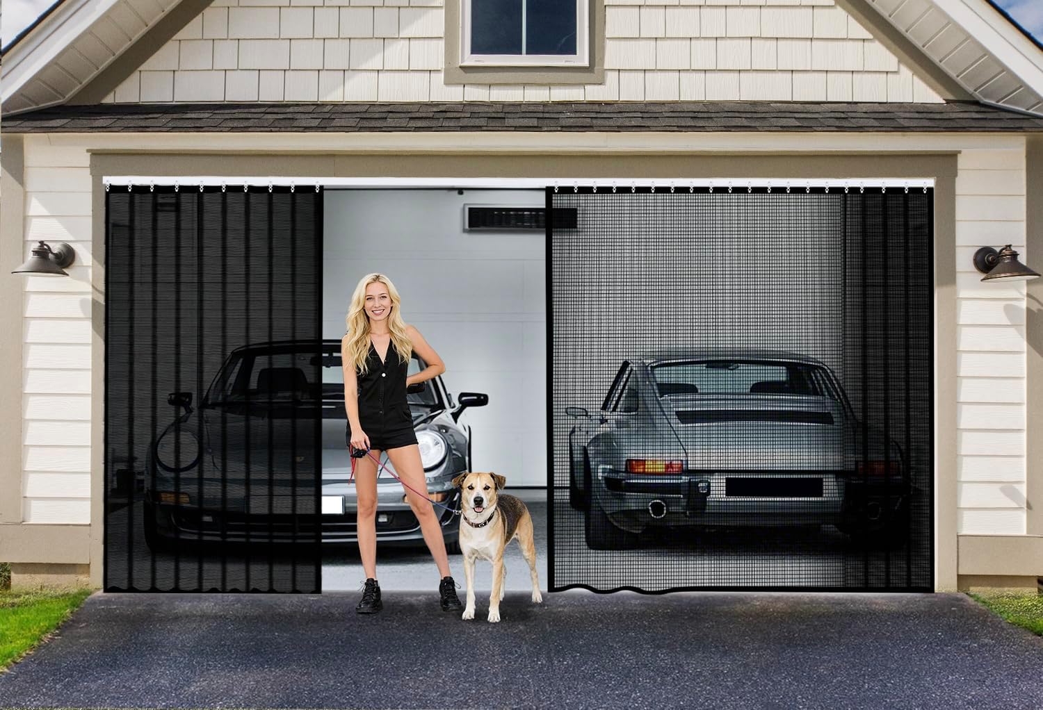 Sliding Garage Door Screen 2 Car 16x7Ft, Retractable Garage Screen Door with Track Closure, Heavy Duty Fiberglass Mesh Garage Net Screen, Keep Bugs & Animals Out, Easy Assembly Privacy Protection