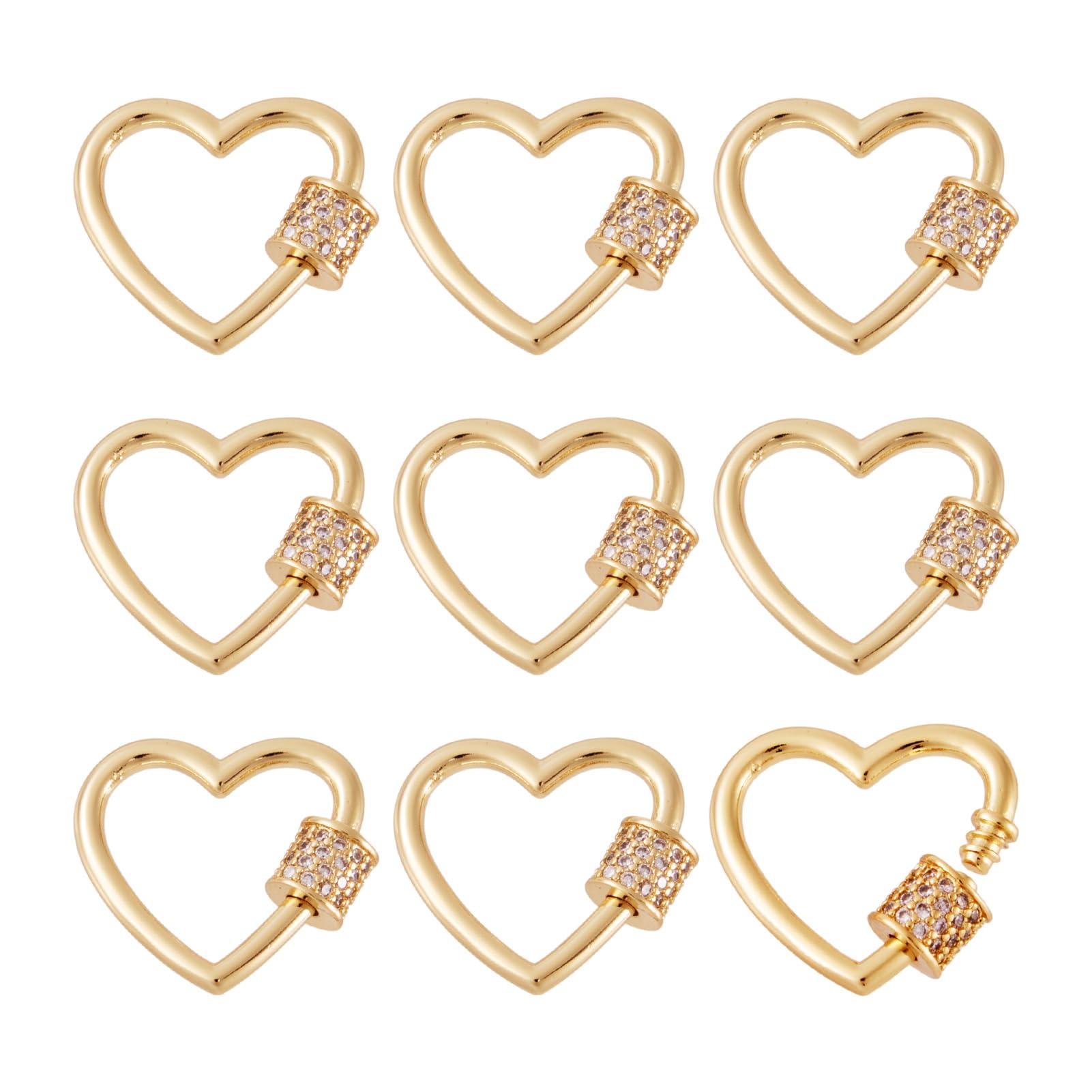 Craftdady 5Pcs Cubic Zirconia Screw Carabiner Lock Charms Golden Heart Necklace Chain Clasp Clip Clear Crystal Rhinstone Link for Jewellery Making