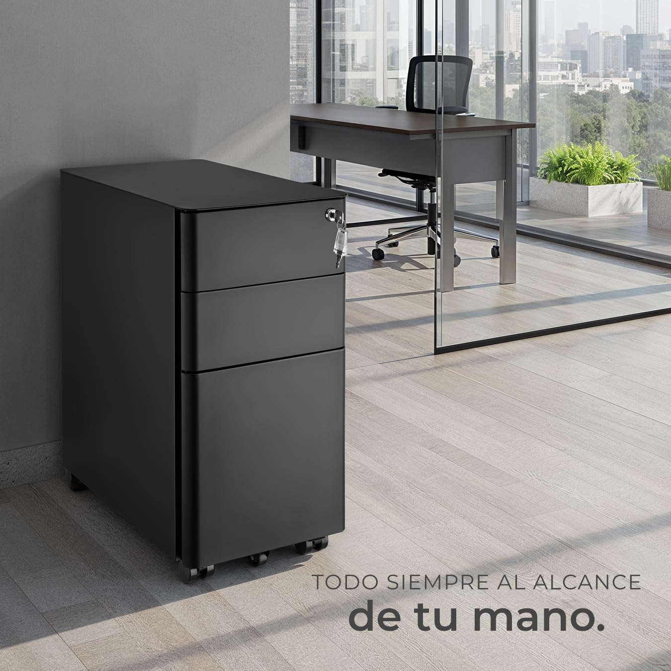 tectake® Archivador Rodante de Acero, Cajonera Escritorio con Ruedas, Dos Cajones DIN-A4, Archivador Colgante, Cerradura, Rieles Telescópicos, Oficina, Muebles, Cajonera Oficina - 59,5x50x30cm Negro