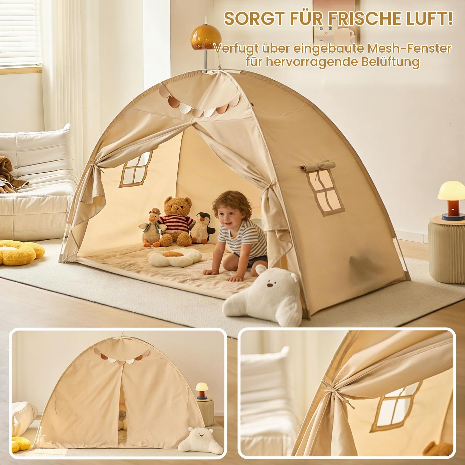 Spielzelt Kinder Indoor, Spielhaus Kinder mit Flaggen, Maschinenwaschbar Tippi Kinderzelt ab 3 Jahren FüR Kinderzimmer, Spielzimmer, Party, Schneller Aufbau (Grau (195 x 98 x 125 cm))