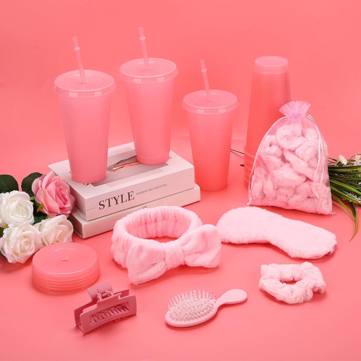 84 Pcs Pink Spa Party Supplies Bulk Include 12 Bow Hairbands 12 Hair Scrunchies 12 Glitter Cups 12 Sleep Eye Mask 12 Organza Bag 12 Hair Clips 12 Combs for Sleepover Party Supplies Spa Birthday Party