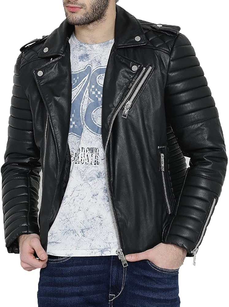 Men's Genuine Lambskin Leather Jacket Slim fit Motorcycle