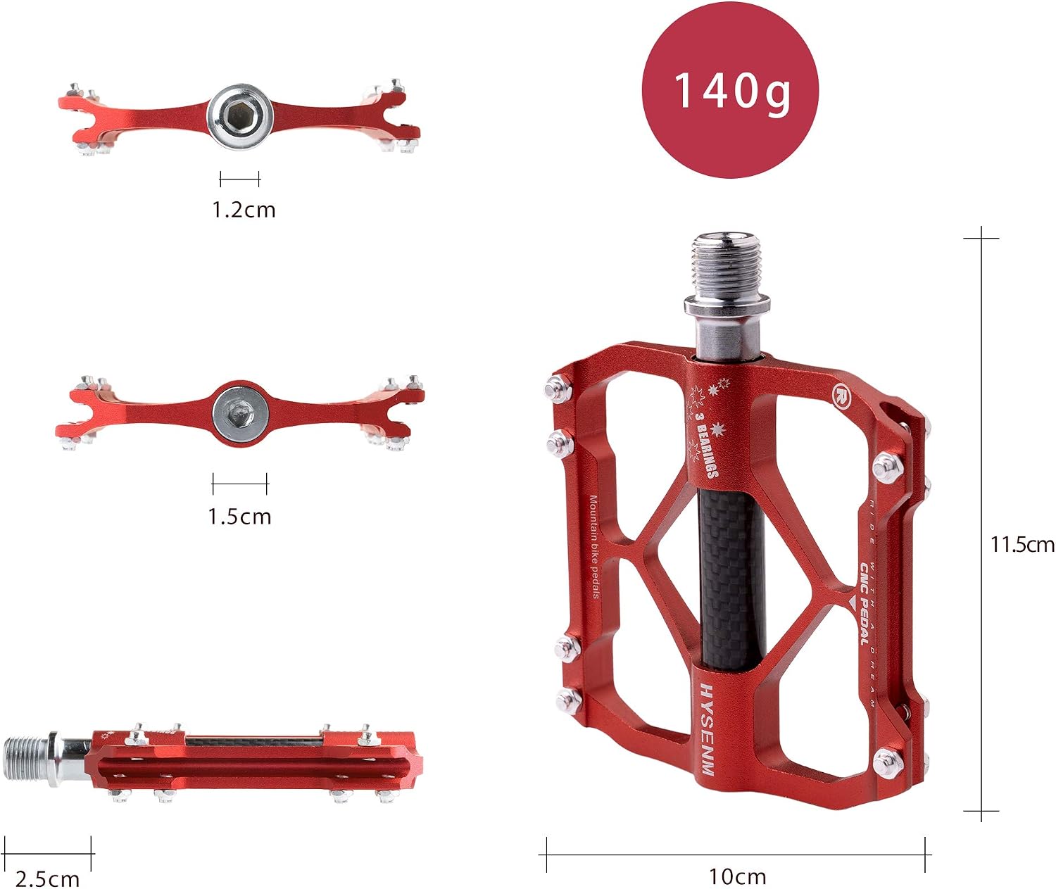 HYSENM Bike Pedals, Aluminum Mountain Bike Pedals 9/16 Inch 3 Bearing Cycling Bicycle Pedals for Road Bike MTB, BMX - Image 3