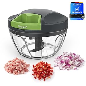 Ibergrif M501 Picadora Manual con Cuerda, Picadora de Verduras Multifuncional, Vegetable Chopper con Tapa, Sin BPA, FáCil de Limpiar, Picadora de Alimentos Easy Pull para Verduras, Frutas, Nueces Global Recycled Standard