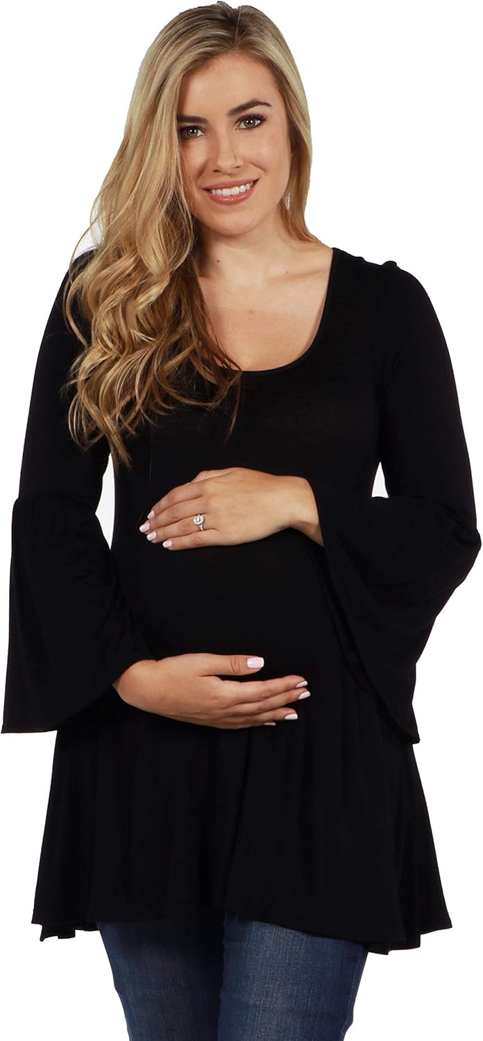 24seven Comfort Apparel Long Bell Sleeve Flared Maternity Tunic Top