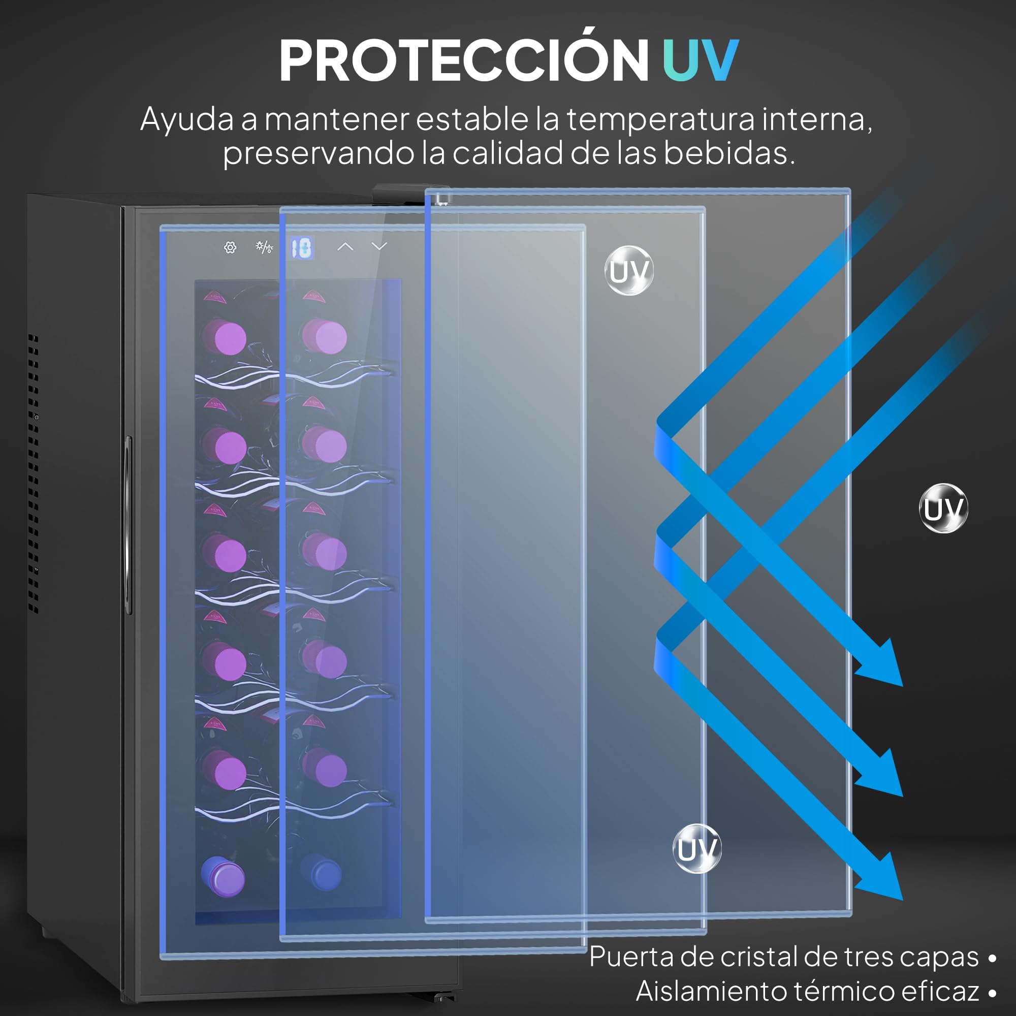 HOMCOM Vinoteca 12 Botellas, Nevera para Vinos con Doble Refrigeración Termoeléctrica, Temperatura Ajustable 8-18℃, Silencioso 37db, Puerta de Vidrio, Anti-UV, Pantalla LED, Luz Interior, Negro — view 8