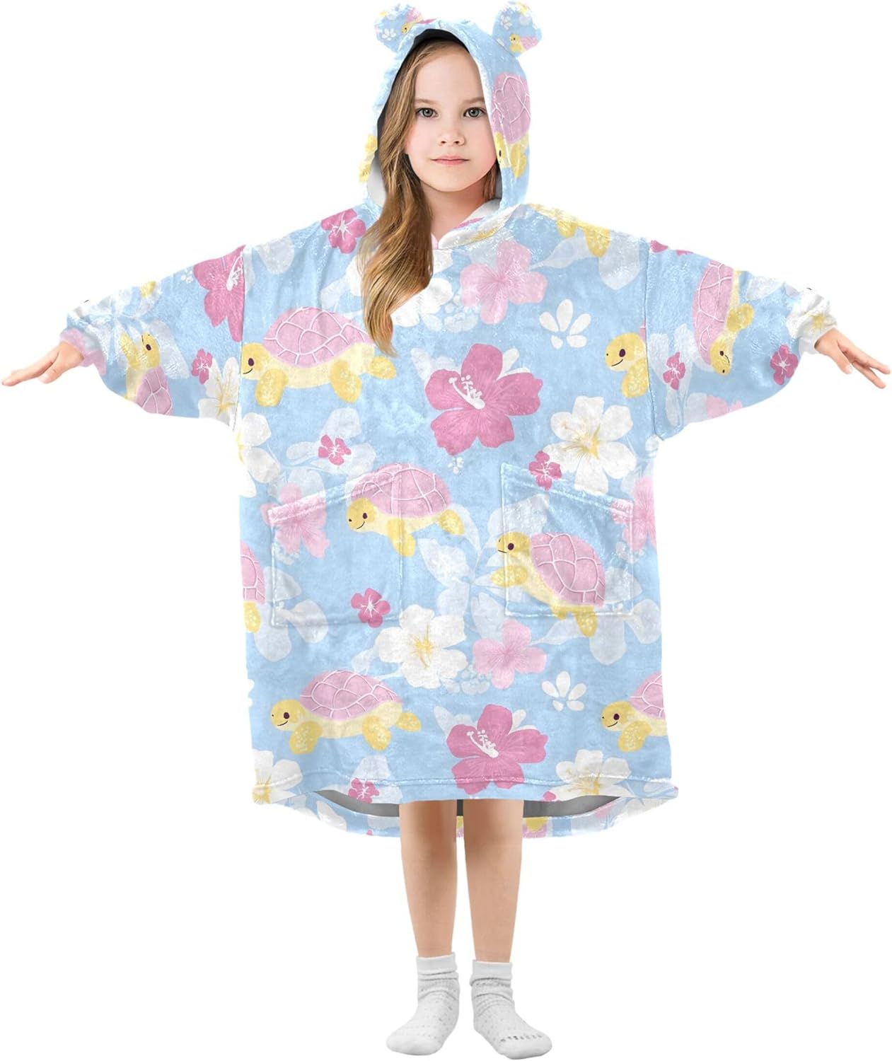 Pink Sea Turtle Flowers Kids Wearable Blanket Hoodie with Pocket and Sleeves for Toddlers, Cute Hoodies Girls B0403856
