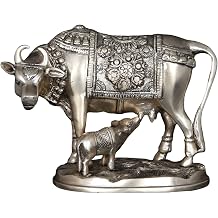 Exotic India 7" Kamadhenu Cow and Calf Statue Silver Plated Brass Figurine Symbol of Motherhood and Prosperity for Home D cor Statues