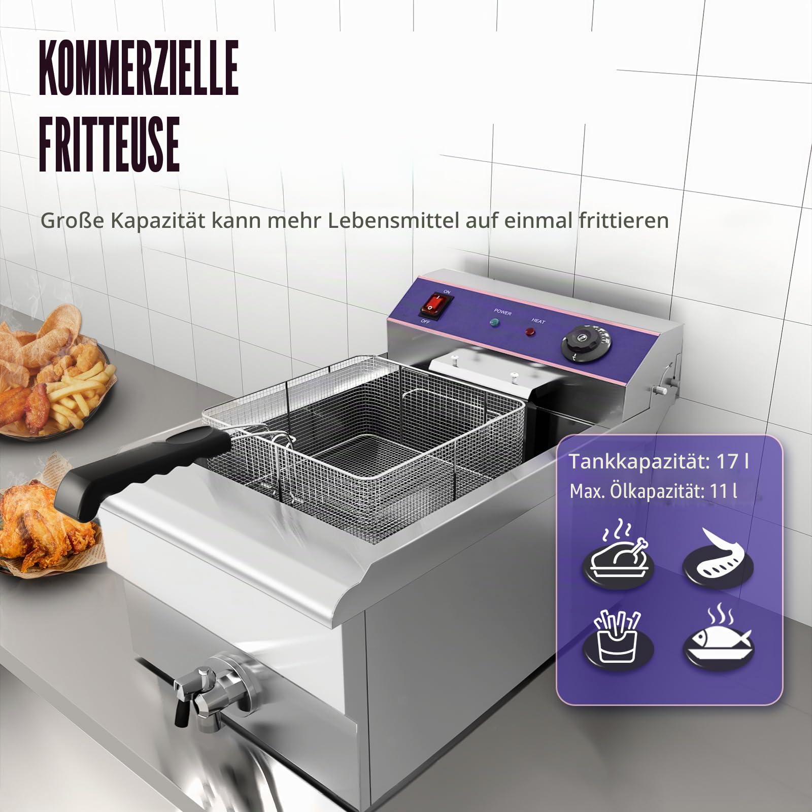 17L Elektrische Fritteuse Gastro Friteuse mit Ablasshahn | Professionelle Edelstahl Elektro Friteuse 3000W, Maximale Ölkapazität 11L, Thermostat 60–200 °C, für Küche, Restaurant