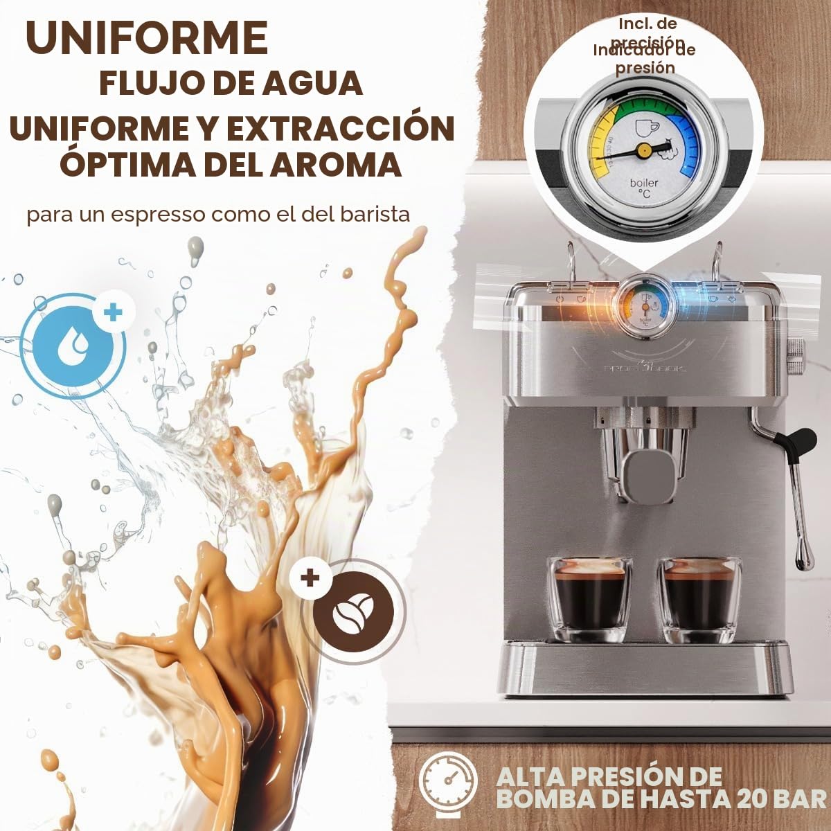 Cafetera espresso ProfiCook | cafetera espresso incl. portafiltro | bomba espresso italiana 20 bar | para café en polvo y cápsulas compatibles Nespresso | cafetera portafiltro | PC ES 1267