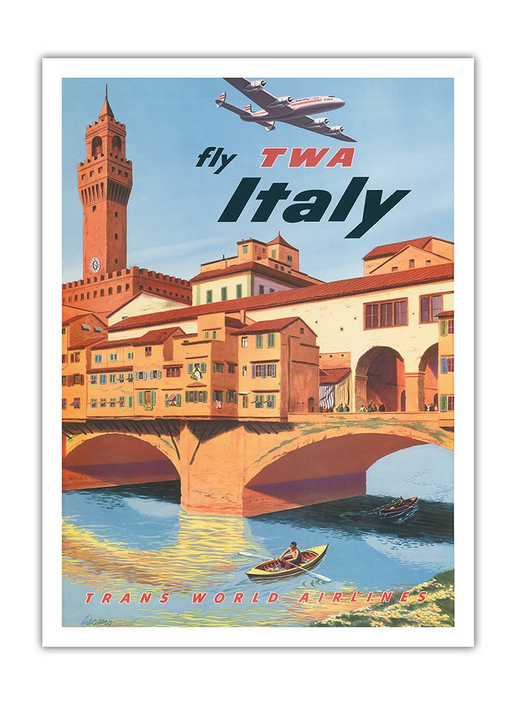 Affiche avion Italie TWA nostalgie des voyages des années 50 impression art bambou
