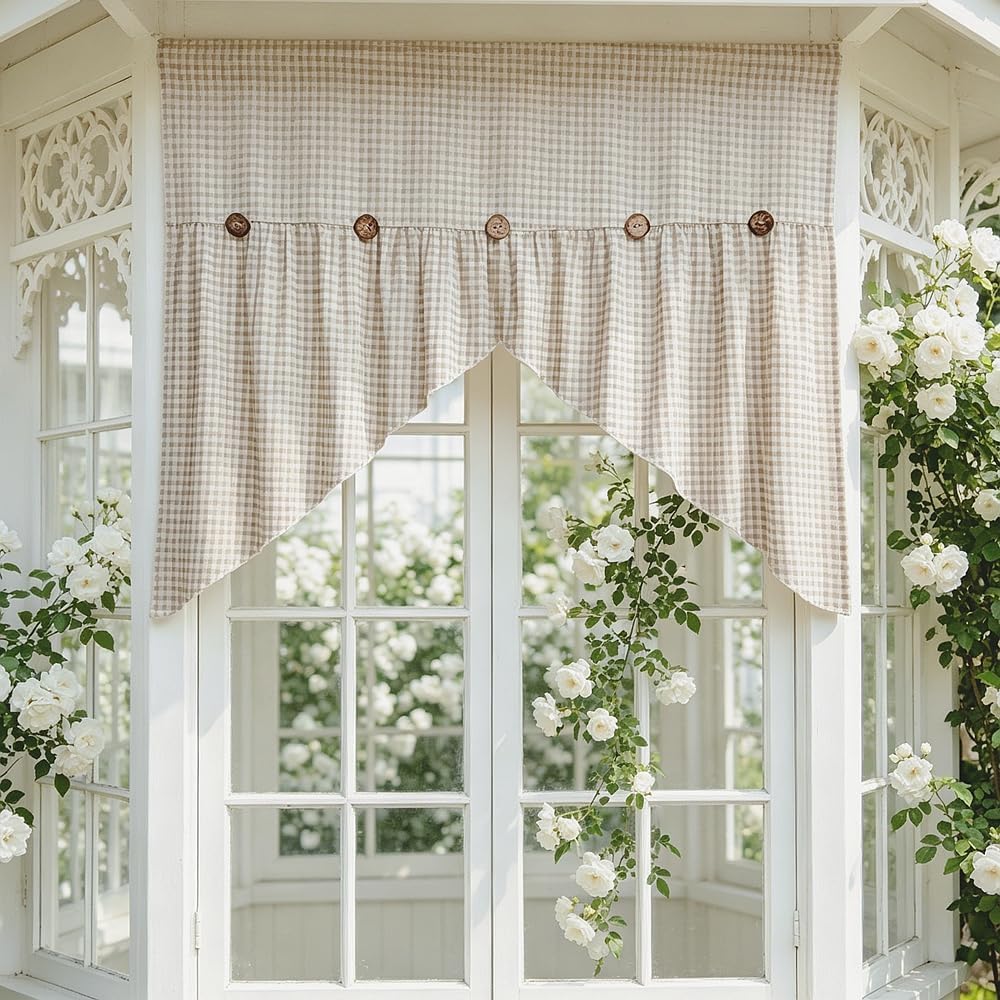 1PC Farmhouse Buffalo Check Swag Curtain Valance, Brown and Beige Lattice Pattern with Decorative Buttons, Rod Pocket Window Treatment Short Curtain for Kitchen Arched Door (W39xH35 inch)