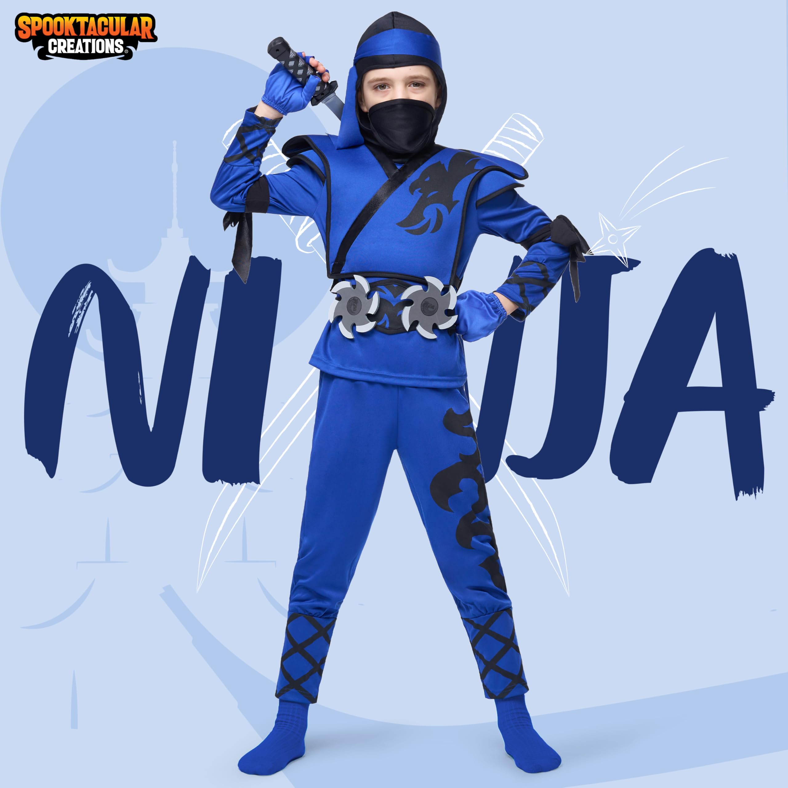 Spooktacular Creations Kids Ninja Costume, Birdy Blue Ninja Costume with Accessories for Boys Halloween Dress Up, Themed Parties, M