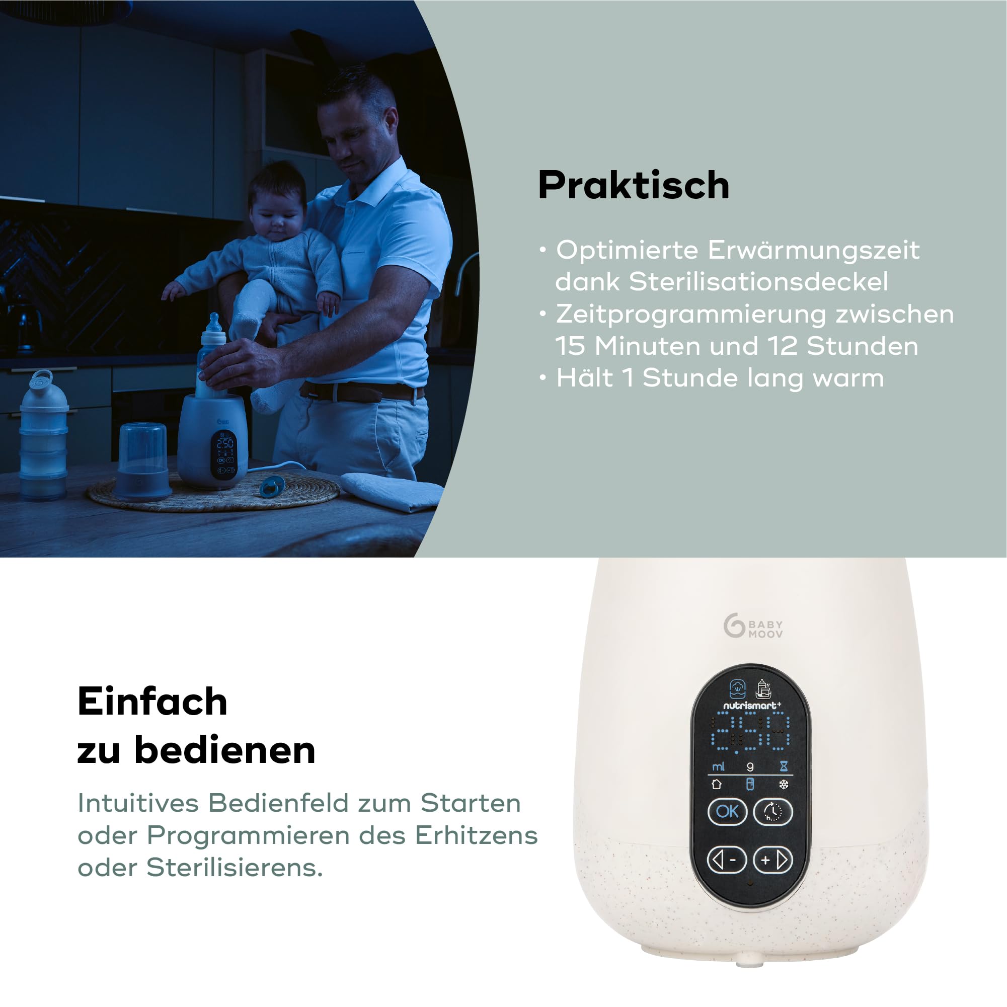 Babymoov Flaschenwärmer Baby NutriSmart+ - Tragbar, Programmierbar, für Zuhause & im Auto mit Adapter, Warmhaltefunktion für 1 Stunde, Sterilisator, ideal für Muttermilch, Babynahrung & Fläschen