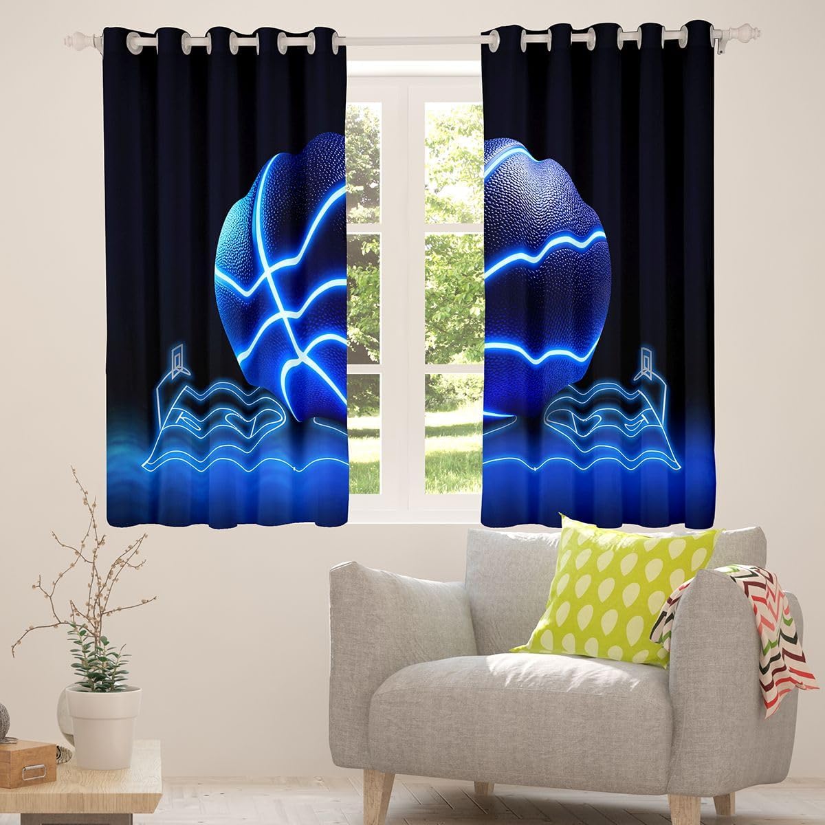 Erosebridal Basketball Blackout Curtains Sports Gaming Curtains & Drapes Glowing Ball Curtains 104Wx96L Boys Basketball Gamer Living Room Curtains Neon Court Window Curtains Black Blue image 4