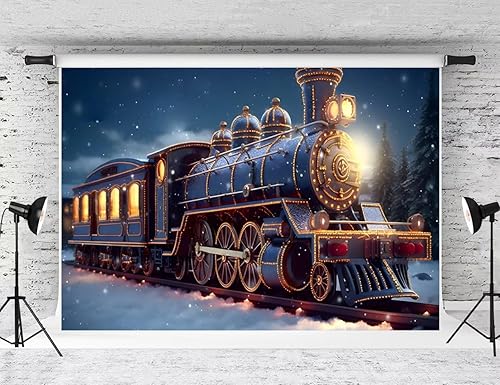 Kate Telón de fondo de tren de Navidad para fotografía de invierno, noche nevada, fondo de tela, accesorios de estudio (8 x 8 pies)