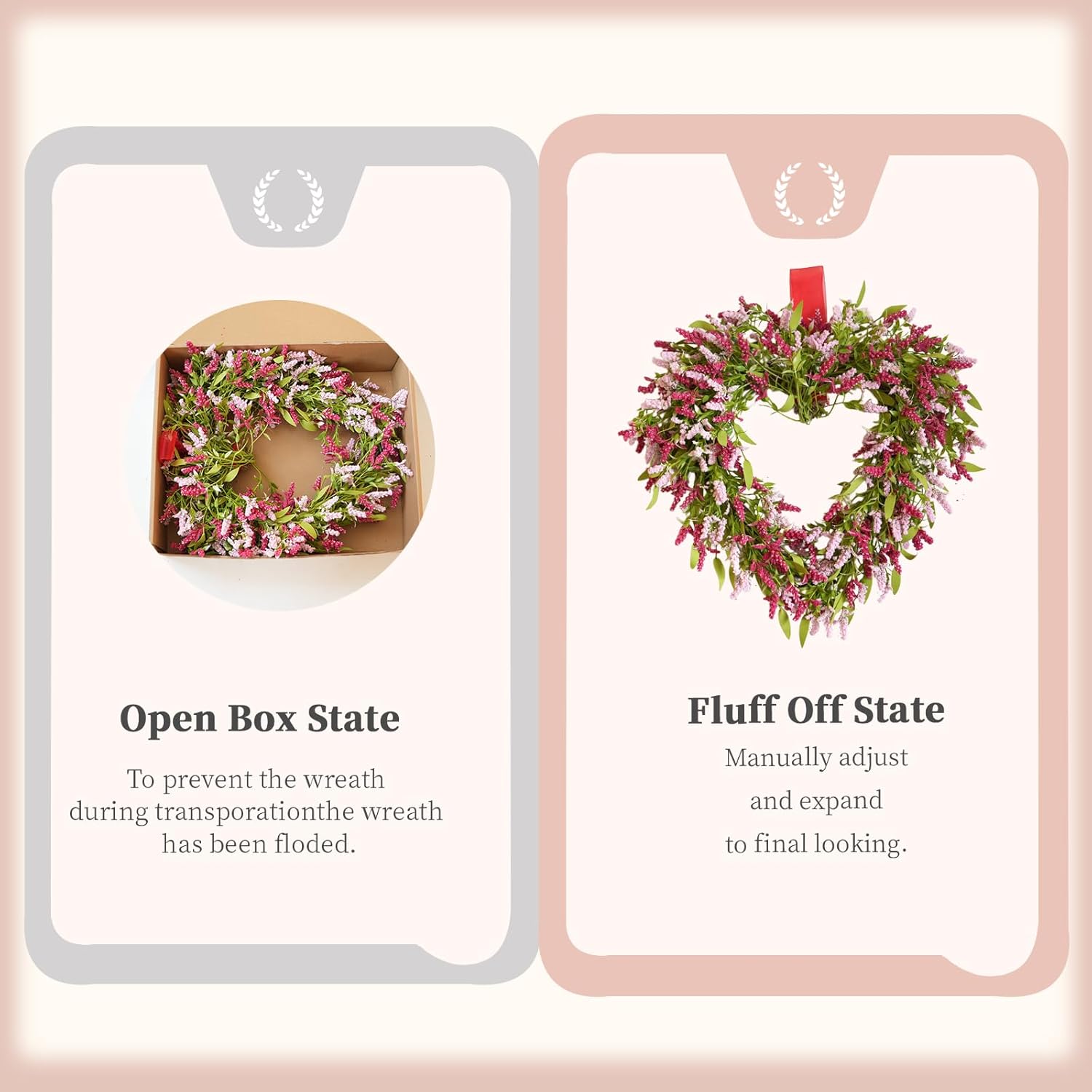 idyllic 18 Inch Spring Pink Tassel Heart Wreath, Artificial Pink Spikes & Green Leaf Decor for Front Door Indoor Mantel Table Valentine Wedding Anniversary Dinner Gift