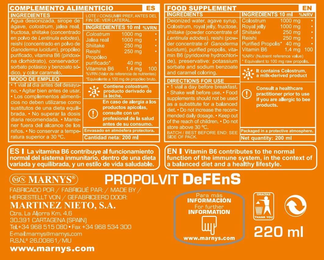Marnys Propolvit Defens Drinkable Vials 20's - Daily Immune Support with Propolis, Royal Jelly, Colostrum, Reishi & Shiitake Mushrooms & Vitamin B6, Fast-Absorbing Liquid for Adults, Pack of 20