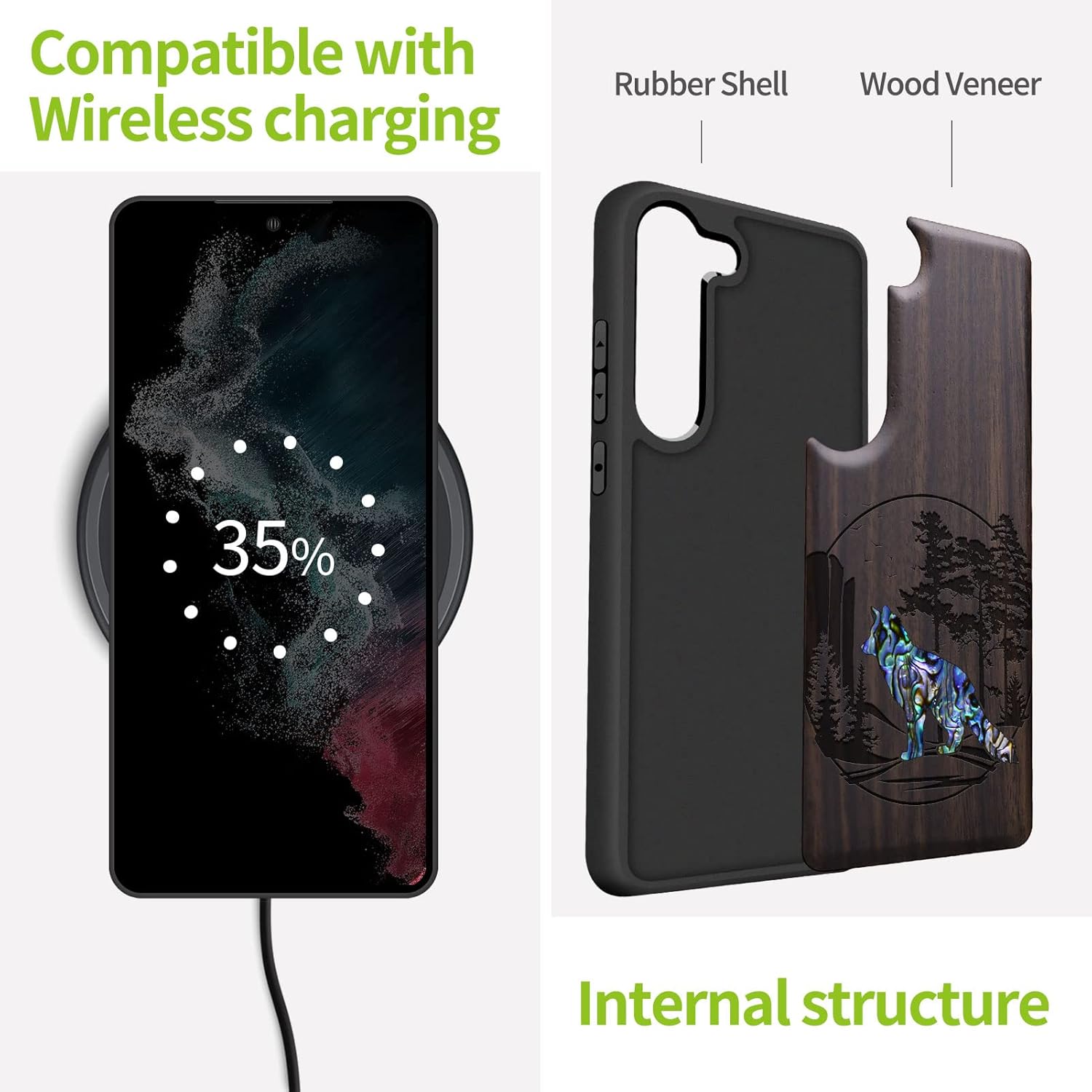 Carveit Designer Wooden Case for Samsung Galaxy S23 Cover [Wood Engraving & Shell Inlay] Compatible with Wireless Chargers Galaxy S23 Case (Fox and Woods-Blackwood)
