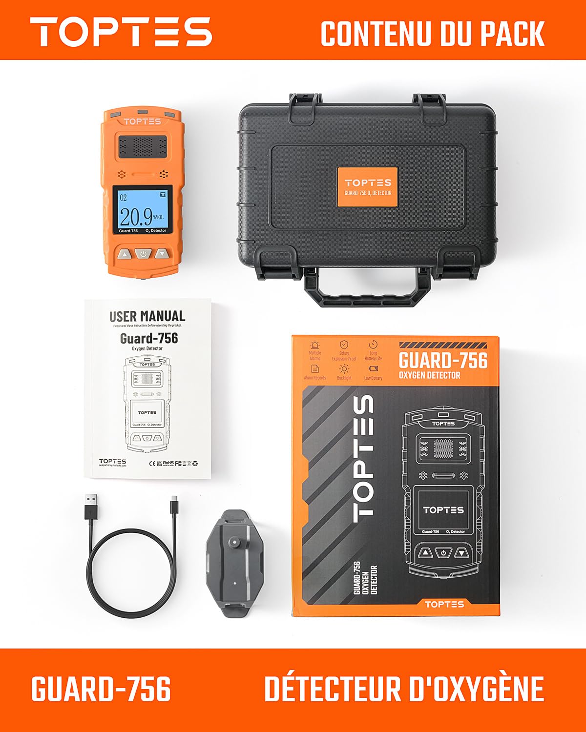 TopTes Guard-756 Moniteur O2 Amélioré, Détecteur D’oxygène, Réponse en 0,5s, Rechargeable, Alarmes par Vibration, Visuelle & Sonore, Résistant À La Poussière et Aux Explosions, pour Travail et Maison