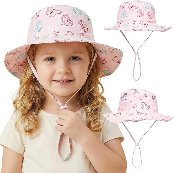 JSTHHTT 2 Pieces Children's Sun Hat, Girl Hat, Wide Brim Sun Hat, Children Foldable Beach Sun Hats, Adjustable, UPF 50+, 3-8 Years - 1