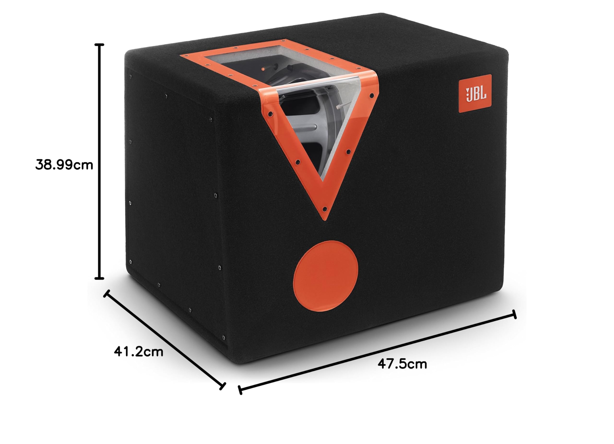 JBL CSX-1400BP caja Subwoofer de automóvil con filtro de paso de banda de 12 pulgadas (300 mm) con ventana acrílica, colores negro y naranja