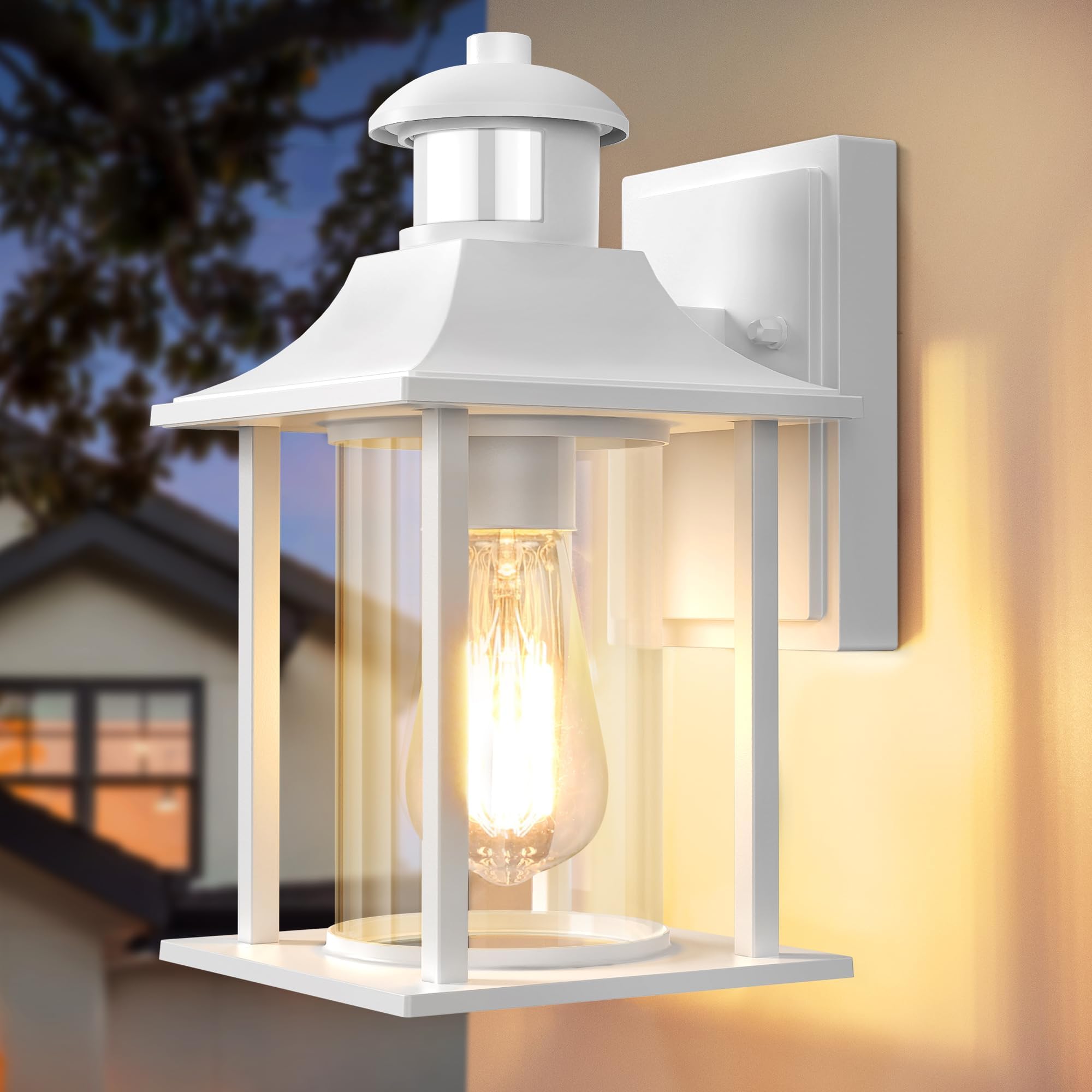 Lamomo Outdoor Wall Light,Motion Sensor Light Outdoor with Bulb,Waterproof Aluminum Security Light Sensor Wall Lantern Anti-Rust Outside Wall Sconce for Garden Doorway-White