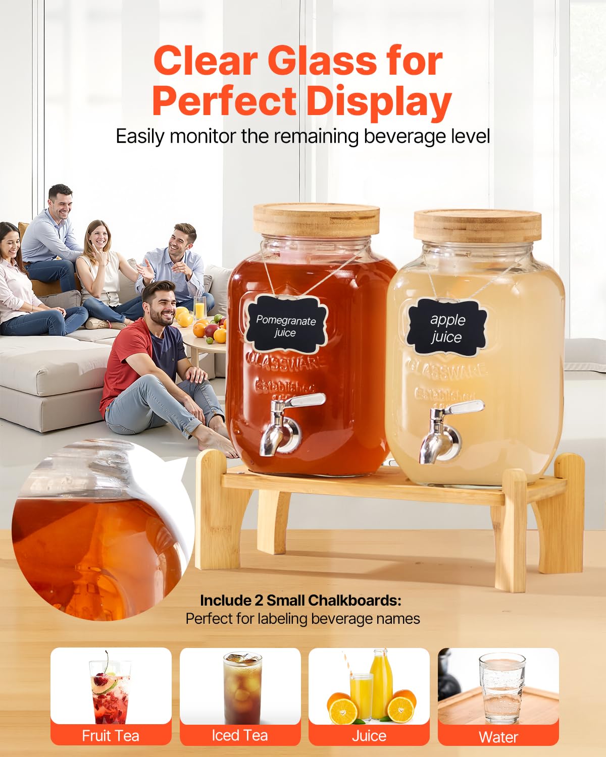 VEVOR Distributore di Bevande, 2 Pezzi da 3,8 L, Contenitore di Succhi in Vetro con Supporto in Legno, Rubinetto in Acciaio Inox, Infusore, Distributore di Tè Freddo, Limonata, per Feste