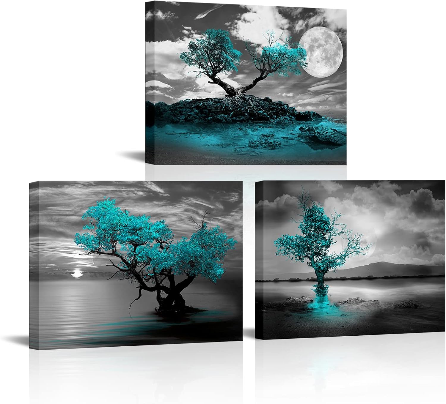 RyounoArt Teal Wall Art Tree Pictures for Bedroom Wall Decor Turquoise Canvas Paintings Framed 16 * 12inches*3pcs