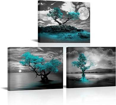 RyounoArt Teal Wall Art Tree Pictures for Bedroom Wall Decor Turquoise Canvas Paintings Framed 16 * 12inches*3pcs